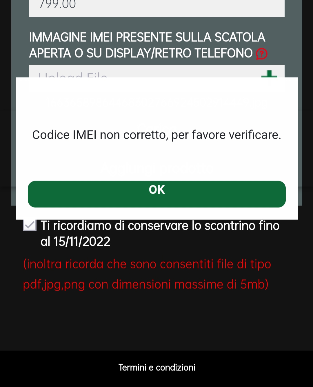 Problematica IMEI caricamento prova d'acquisto